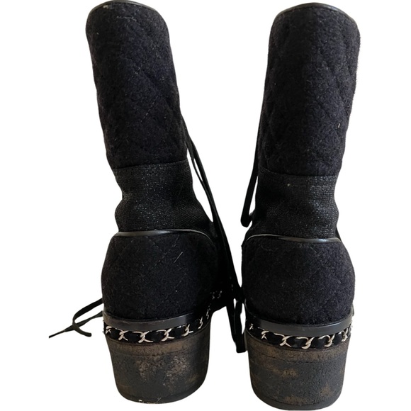 Chanel black wool tweed combat boots chain detail with certificate of authentic - Picture 9 of 16